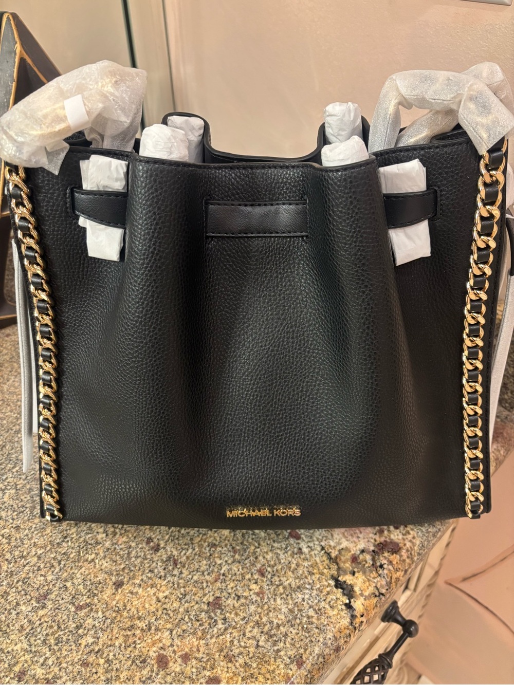 Michael Kors Black Pebbled Leather Tote with Gold Chain Straps